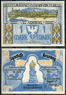 Германия, Арнсберг 1 марка 1921 нотгельд, 15.7.1922 Li. 41a, M. 42.1 бумага UNC (пресс) 00-00