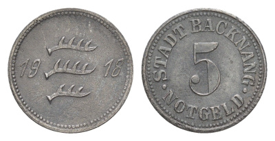 Бакнанг 5 пфеннигов 1918 большая пятерка Funck 25.3, Men05 1171.3, Men18 1511.3 железо 4639-165