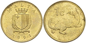 Мальта 1 цент 1991 ласка, горностай KM 93 никель латунь 4585-1219