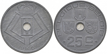БЕЛЬГИЯ 25 САНТИМОВ 1946 BELGIQUE-BELGIE, ГЕРМАНСКАЯ ОККУПАЦИЯ, ВТОРАЯ МИРОВАЯ ВОЙНА KM 131 цинк 69-232