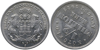 Гамбург 1/2 миллиона марок = 500000 марок 1923 брак, разворот 140 градусов Funck 636.2, Men18 13079.18 алюминий UNC 4599-431