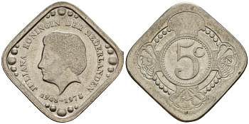 Нидерланды 5 центов 1978 30 лет правления Королевы Юлианы UC 300 медь цинк никель 4575-535