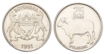 Ботсвана 25 тхебе 1991 Зебу, Всемирный день продовольствия, год-тип KM 6a сталь плакированная никелем UNC 4678-117