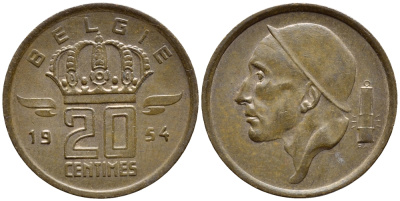 Бельгия 20 сантимов 1954 Belgie, Бодуэн I (1951-1993) KM 147.1 бронза 4383-1152