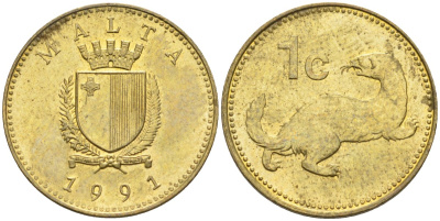 Мальта 1 цент 1991 ласка, горностай KM 93 никель латунь 4585-1219