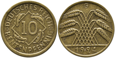 Германия 10 рентенпфеннигов 1924 G KM 33, J.309 алюминиевая бронза 96-634