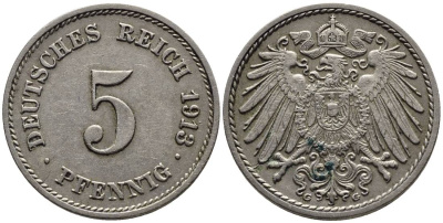 ГЕРМАНИЯ 5 ПФЕННИГОВ 1913 G KM 11, Jager 12, Weege 6 медно-никель 4547-538