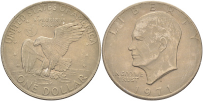 США 1 доллар 1971 D, Президент Эйзенхауэр, лунный орел KM 203 медь плакированная медно-никелем 4552-111