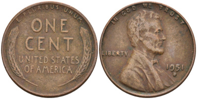 США 1 цент 1951 D, Линкольн KM А132 медь цинк 4115-813