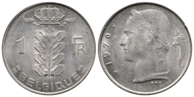 БЕЛЬГИЯ 1 ФРАНК 1970 BELGIQUE KM 142.1 медно-никель 4382-933
