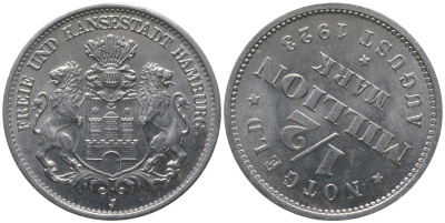 Гамбург 1/2 миллиона марок = 500000 марок 1923 брак, разворот 140 градусов Funck 636.2, Men18 13079.18 алюминий UNC 4599-431