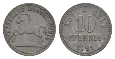 Брауншвейг 10 пфеннигов 1921 Funck 56.9, Men05 3477.3, Men18 4416.3 цинк 4636-956