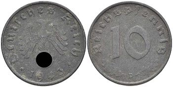 ГЕРМАНИЯ 10 РЕЙХСПФЕННИГОВ 1943 D KM 101, J. 371 цинк 4401-555