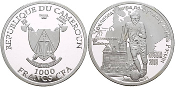 Камерун 1000 франков ND (2018) чемпионат мира по футболу - 2018, Россия, Калининград KM NEW серебро PROOF 1088-3-11
