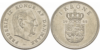 ДАНИЯ 1 КРОНА 1965 C; S, ФРЕДЕРИК IX (1947-1972) КМ 851.1 медно-никель 213-1216