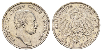 Саксония 3 марки 1913 E, Фридрих Август III (1904-1918) KM 1267 серебро 1525-1225