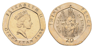 Гибралтар 20 пенсов 1990 KM 16 медно-никель UNC 4668-526