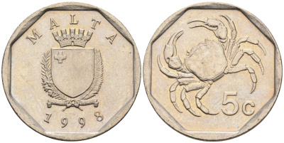 Мальта 5 центов 1995 краб KM 95 медно-никель 4588-137