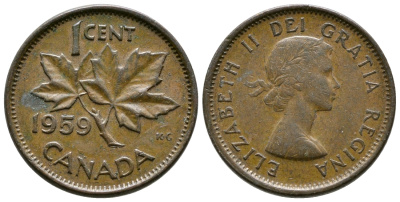 КАНАДА 1 ЦЕНТ 1959 КЛЕНОВЫЙ ЛИСТ, ЕЛИЗАВЕТА II KM 49 бронза 46-2562