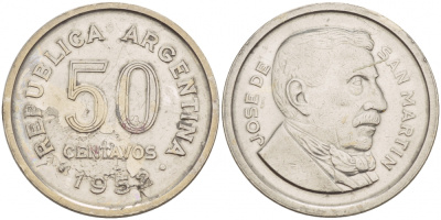 Аргентина 50 сентаво 1952 генерал Хосе де Сан Мартин KM 49 сталь плакированная никелем 4548-334