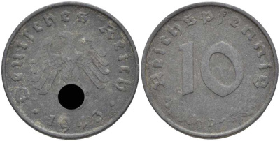 ГЕРМАНИЯ 10 РЕЙХСПФЕННИГОВ 1943 D KM 101, J. 371 цинк 4401-555