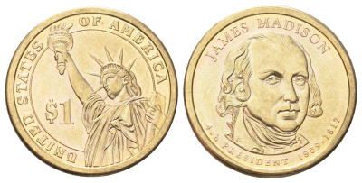 США 1 доллар 2007 Президент США - Джеймс Мэдисон (1809-1817) KM 404 медь с марганцево-латунным покрытием UNC 4666-942