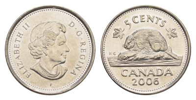 Канада 5 центов 2006 P, Елизавета II (1952-2022), бобр KM 491 сталь плакированная никелем UNC 4636-631