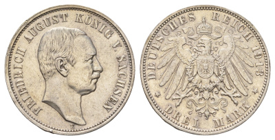 Саксония 3 марки 1913 E, Фридрих Август III (1904-1918) KM 1267 серебро 1525-1225