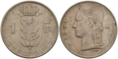 Бельгия 1 франк 1961 Belgique, Бодуэн I (1951-1993) KM 142 медно-никель 4156-623