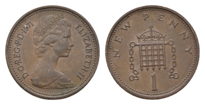 Великобритания 1 пенни 1971 Елизавета II (1952-2022) KM 915, Spink 4237 (B1) бронза 4613-1059