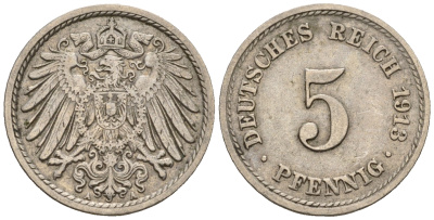 Германия 5 пфеннигов 1913 A, KM 11, J. 12 медно-никель 220-666