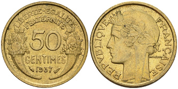 Франция 50 сантимов 1937 KM 894.1, Le Franc 192.15 алюминиевая бронза 4596-769