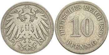 ГЕРМАНИЯ 10 ПФЕННИГОВ 1890 A KM 12, J. 13, Weege 8 медно-никель 261-1241