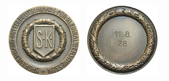 Германия медаль 1928 СПОРТИВНАЯ АССОЦИАЦИЯ ЦЕНТРАЛЬНОЙ ГЕРМАНИИ, 39 мм, 28,75 гр бронза 1072-1-52