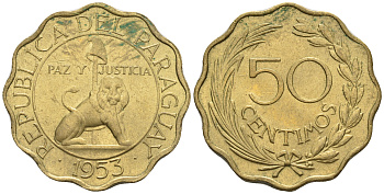 Парагвай 50 сентимо 1953 лев, фригийский колпак на шесте KM 28 алюминиевая бронза  aUNC  4176-1116