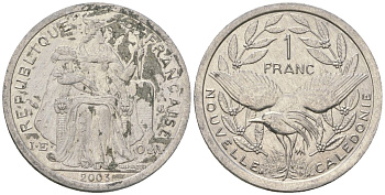 Французская Новая Каледония 1 франк 2003 птица кагу, (IEOM) KM 10, Schoen 10, Lec 52h алюминий 51-111