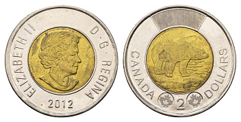 Канада 2 доллара 2012 Leaf, Елизавета II (1952-2022), полярный медведь KM 1257 биметалл UNC 106-1224