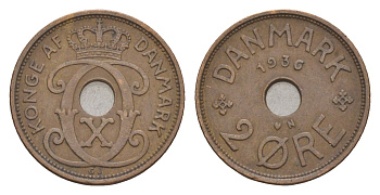 Дания 2 эре 1936 N, Кристиан X (1912-1947) KM 827 бронза 4658-242