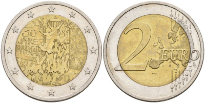 ФРГ 2 евро 2019 D, 30 лет падения Берлинской стены UC 101 биметалл 4132-1111