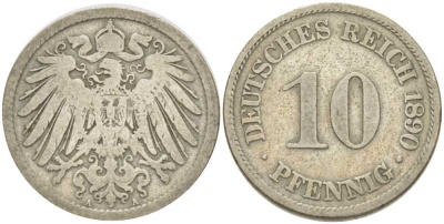 ГЕРМАНИЯ 10 ПФЕННИГОВ 1890 A KM 12, J. 13, Weege 8 медно-никель 261-1241