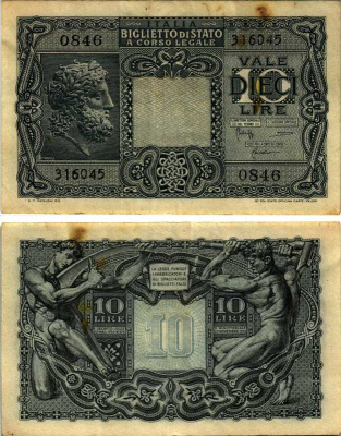 Италия 10 лир 1944 BoLaffi, CavalLaro Pick 32c, Grapanzano BS 49 бумага 8518-41-1-2