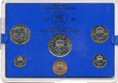 Швеция набор монетного двора из 6 монет 1980 в пластике, Карл XVI Густав (1973- ) KM MS15 UNC 4-3-6-132
