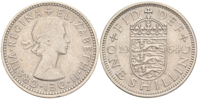 Великобритания 1 шиллинг 1964 Елизавета II (1952-2022), Английский герб KM 904, Spink 4147 медно-никель 4556-645