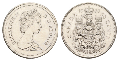 Канада 50 центов 1988 Елизавета II (1952-2022), герб KM 75.3 никель PROOF-LIKE (BU) 603-1034
