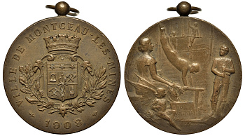 ФРАНЦИЯ МЕДАЛЬ 1908 СПОРТИВНЫЕ СОРЕВНОВАНИЯ В ГОРОДЕ МОНСО ЛЕ МИН, БУРГУНДИЯ, ДИАМЕТР 46 ММ. ВЕС 46,5 ГР. бронза 1093-1-12