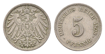 Германия 5 пфеннигов 1899 G, Вильгельм II (1888-1918) KM 11, J. 12 медно-никель 54-451
