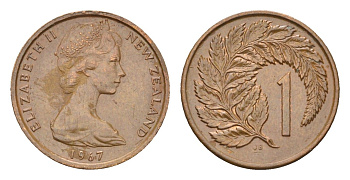 Новая Зеландия 1 цент 1967 Елизавета II (1952-2022), лист папоротника KM 31.1 бронза 4655-214