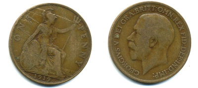 Великобритания 1 пенни 1919 Георг V (1910-1936) KM 810, Spink 4051 бронза 41-311