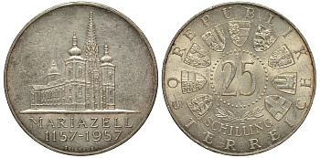 Австрия 25 шиллингов 1957 800 лет Базилике Мариацелля KM 2883 серебро aUNC 1520-135