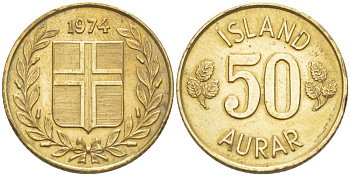 Исландия 50 эйре 1974 KM 17 никель латунь 214-543